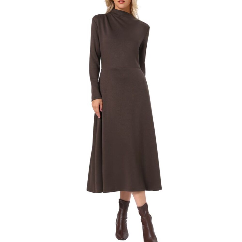 Women Ribbed Knit Mock Neck Casual Fall Long Sleeve Maxi Dress Coffee